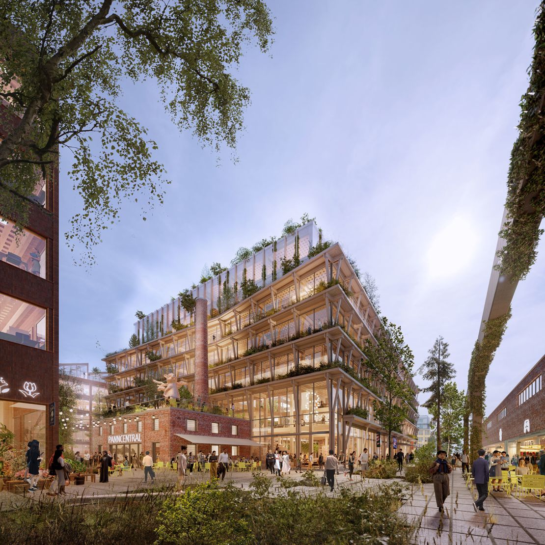 Artist renderings of Wood City, the world's largest urban construction project in wood.