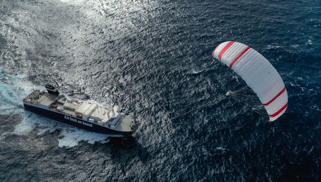 French company Airseas has developed the Seawing, which it says could help ships cut their carbon emissions by an average of 20%. Pictured, the Seawing being tested on the cargo ship "Ville de Bordeaux." <strong>Look through the gallery to see how wind power could once more revolutionize shipping.</strong>