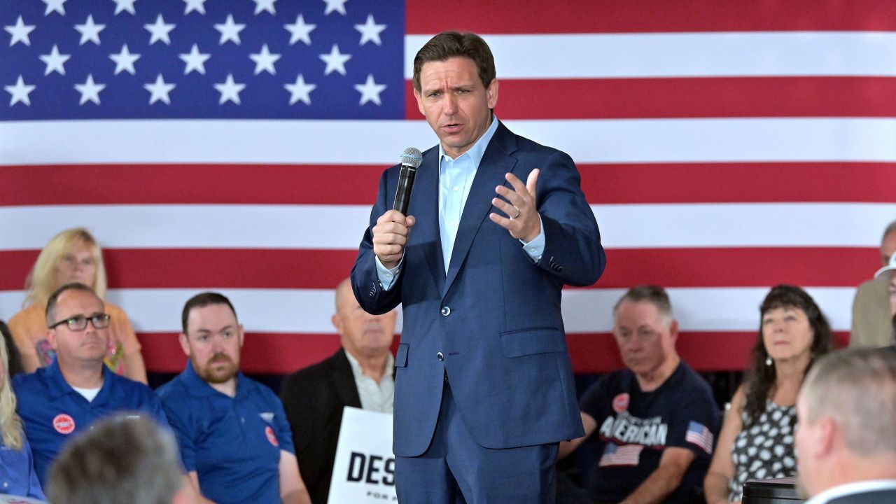 Republican presidential candidate Florida Gov. Ron DeSantis speaks during a town hall event in Hollis, New Hampshire on June 27, 2023.