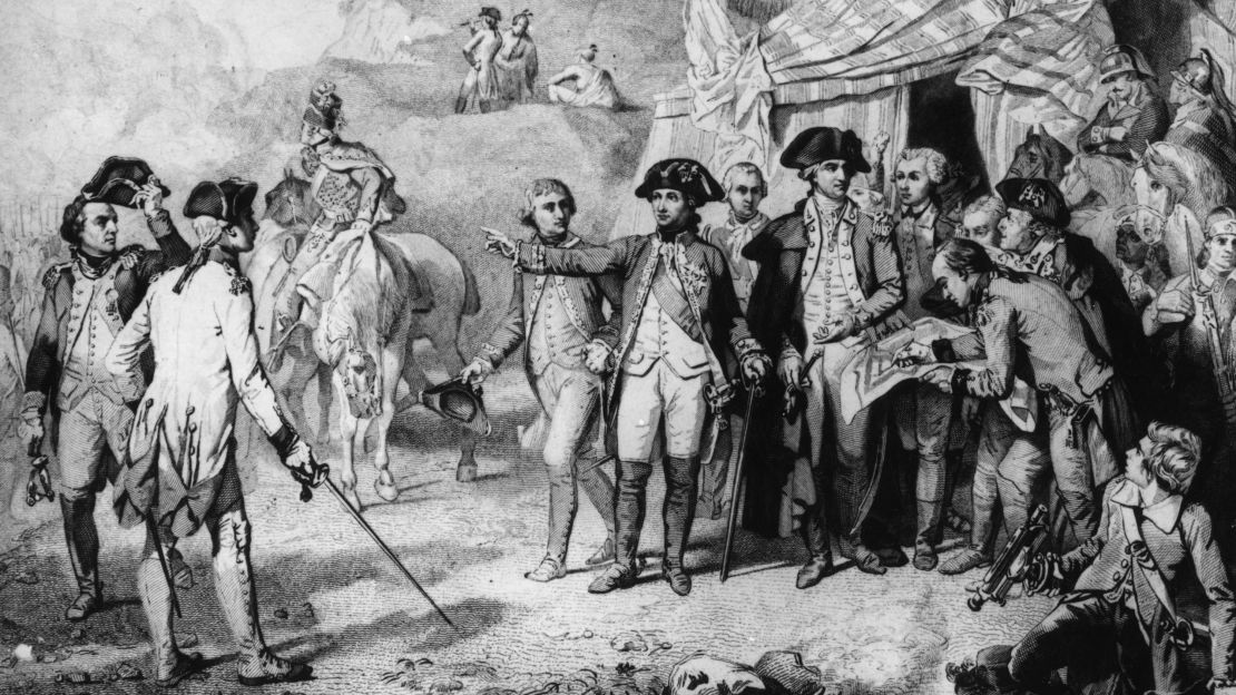 A depiction of Generals Rochambeau and Washington giving the last orders for attack at the siege of Yorktown in 1781. With them is the Marquis de Lafayette.  