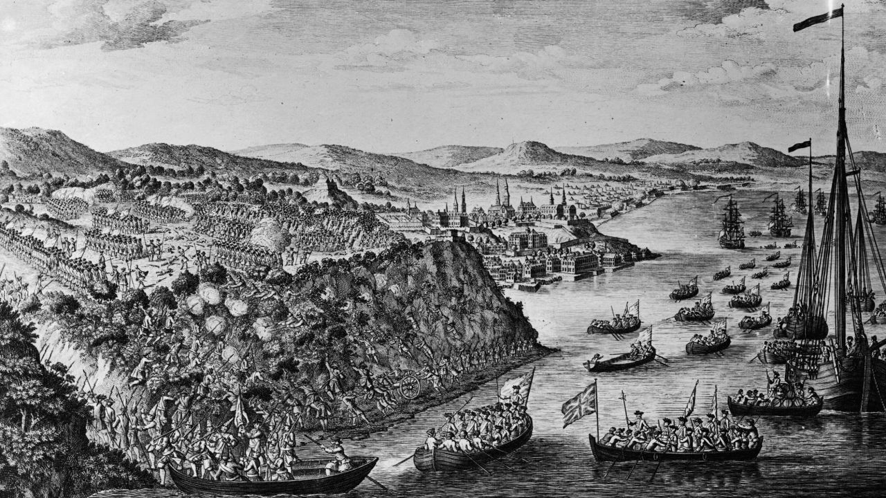 A depiction of British ships sailing around Quebec, while troops climb up to the Plains of Abraham and attack the French during the Seven Years War.  