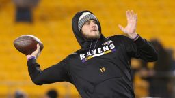 Dec 10, 2017; Pittsburgh, PA, USA;  Baltimore Ravens quarterback Ryan Mallett (15) warms up before playing the Pittsburgh Steelers at Heinz Field. Mandatory Credit: Charles LeClaire-USA TODAY Sports