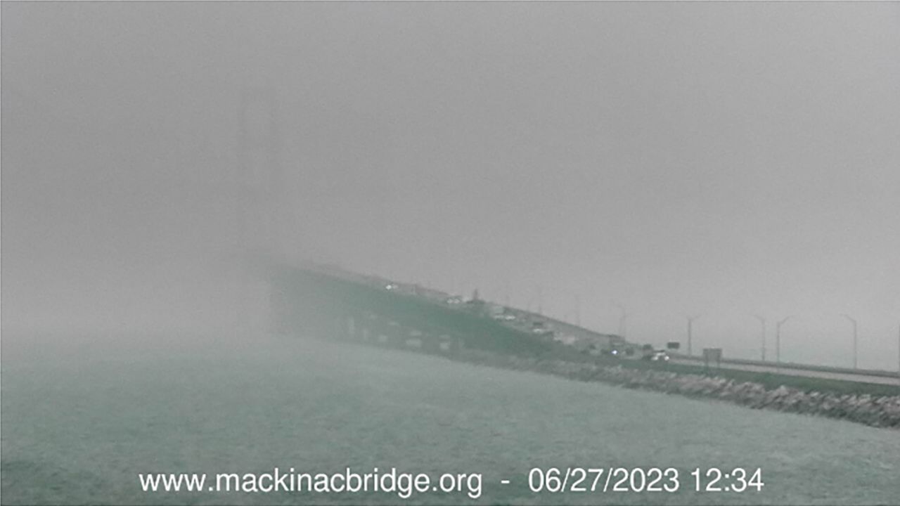 Smoke from Canadian fires covers the Mackinac Bridge connecting the Upper and Lower peninsulas of Michigan.
