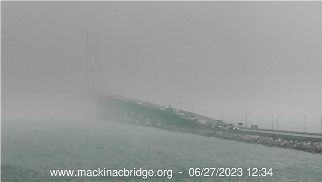 Smoke from Canadian fires covers the Mackinac Bridge connecting the Upper and Lower peninsulas of Michigan.