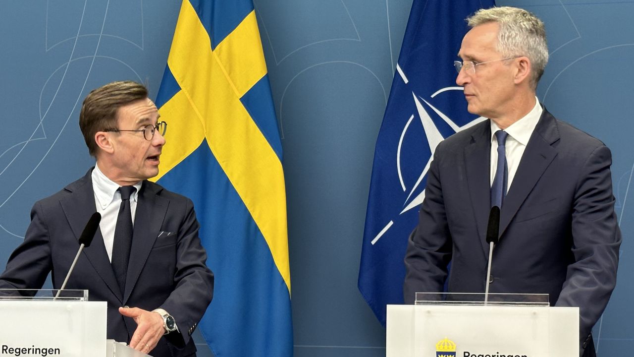 STOCKHOLM, SWEDEN - MARCH 07: Swedish Prime Minister Ulf Kristersson (L) and NATO Secretary General Jens Stoltenberg (R) hold a joint press conference following their meeting in Stockholm, Sweden on March 07, 2023. (Photo by Atila Altuntas/Anadolu Agency via Getty Images)