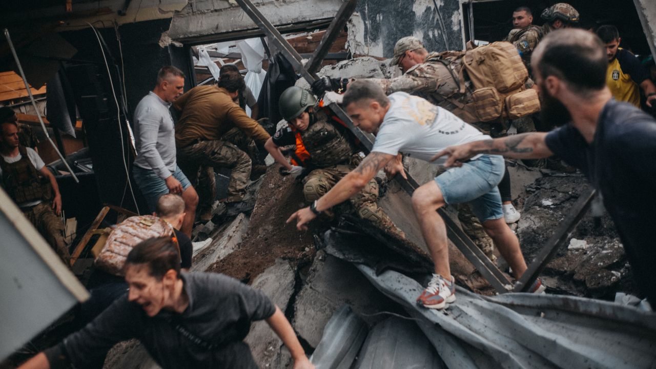 Rescuers search for survivors after the Russian missile attack hit the Ria restaurant in Kramatorsk.
