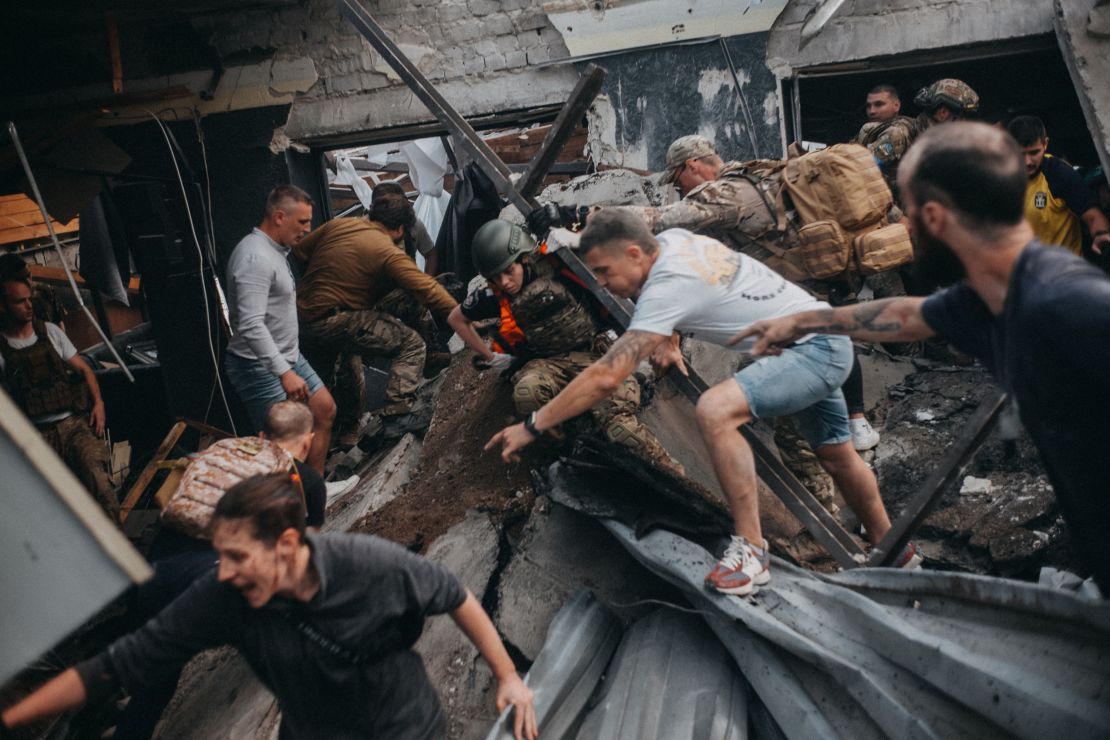 Rescuers search for survivors after the Russian missile attack hit the Ria restaurant in Kramatorsk.