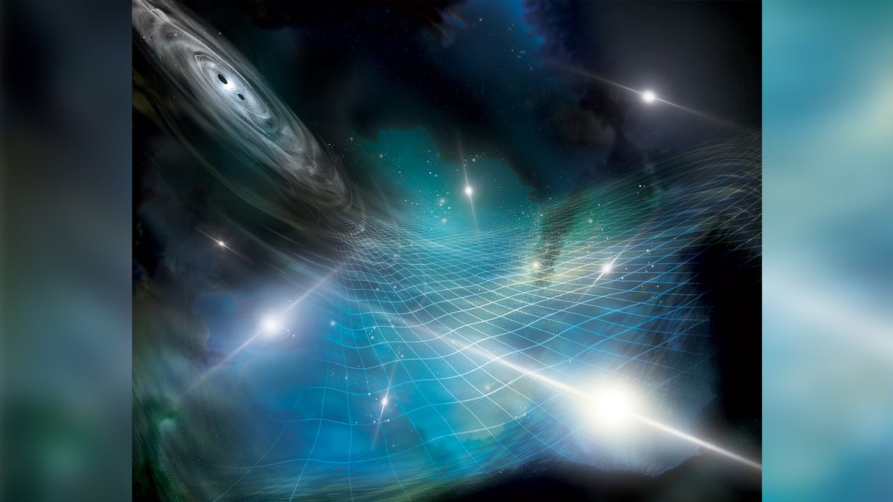Artist's interpretation of an array of pulsars being affected by gravitational ripples produced by a supermassive black hole binary in a distant galaxy. Credit: Aurore Simonnet for the NANOGrav Collaboration