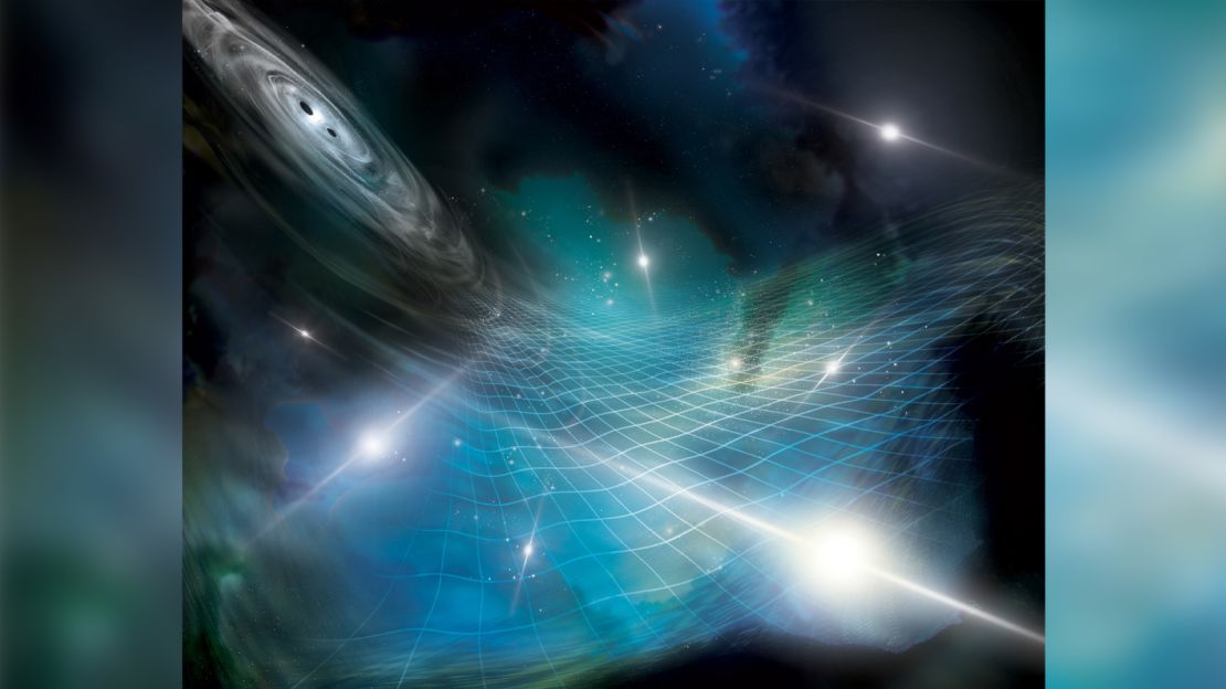 Artist's interpretation of an array of pulsars being affected by gravitational ripples produced by a supermassive black hole binary in a distant galaxy. Credit: Aurore Simonnet for the NANOGrav Collaboration