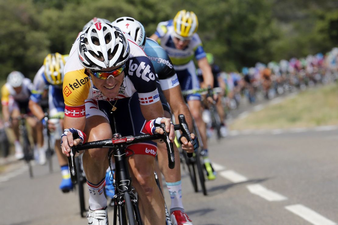 Australia's Adam Hansen leads the pack during the 228.5 km fifth stage of the 100th edition of the Tour de France cycling race on July 3, 2013 between Cagnes-sur-Mer and Marseille, southern France.  AFP PHOTO / JOEL SAGET        (Photo credit should read JOEL SAGET/AFP via Getty Images)