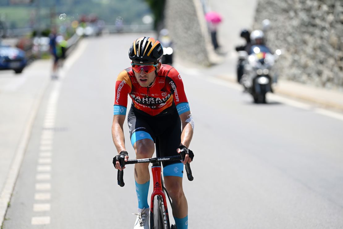 LEUKERBAD, SWITZERLAND - JUNE 14: Gino Mäder of Switzerland and Team Bahrain Victorious competes in the chase group during the 86th Tour de Suisse 2023, Stage 4 a 152.5km stage from Monthey to Leukerbad 1367m / #UCIWT / on June 14, 2023 in Leukerbad, Switzerland. (Photo by Dario Belingheri/Getty Images)