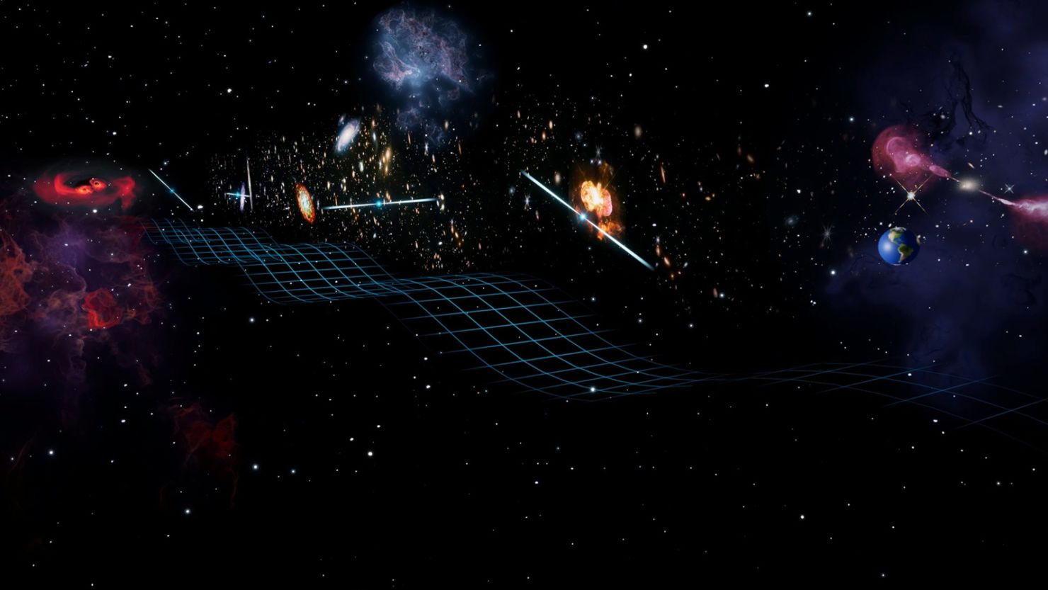 An artist's rendering shows gravitational waves emanating from a pair of close-orbiting black holes on the left. The waves are passing by several pulsars and the Earth to the right.
