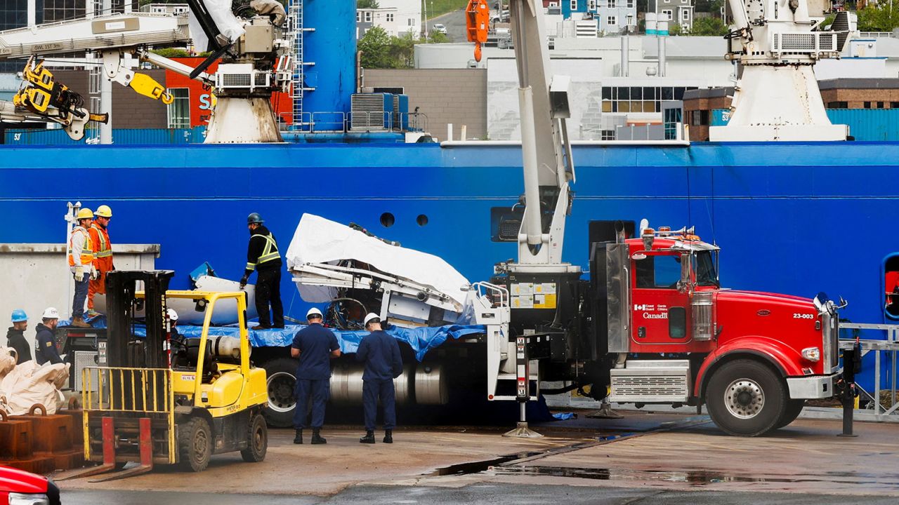 A view of the Horizon Arctic vessel, Titan's recovered submarines from Oceangate Expeditions, was returned to St. John's Harbor in Newfoundland on Wednesday.