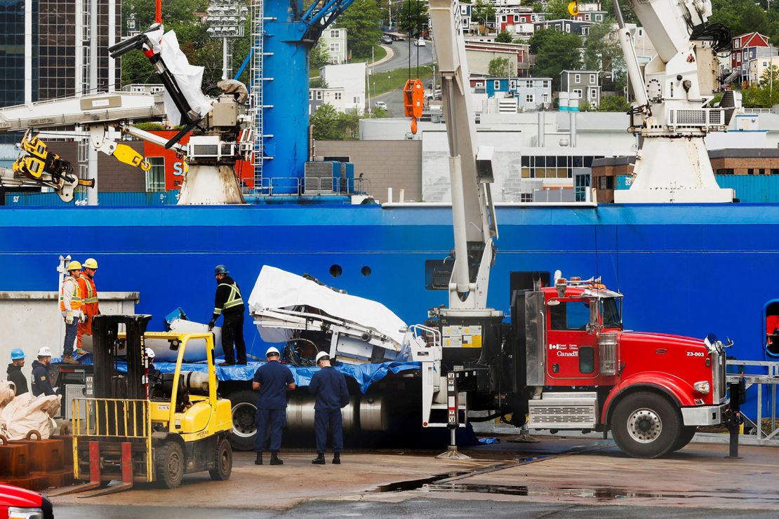 A view of the Horizon Arctic ship, as salvaged pieces of the Titan submersible from OceanGate Expeditions are returned, in St. John's harbour, Newfoundland, on Wednesday.