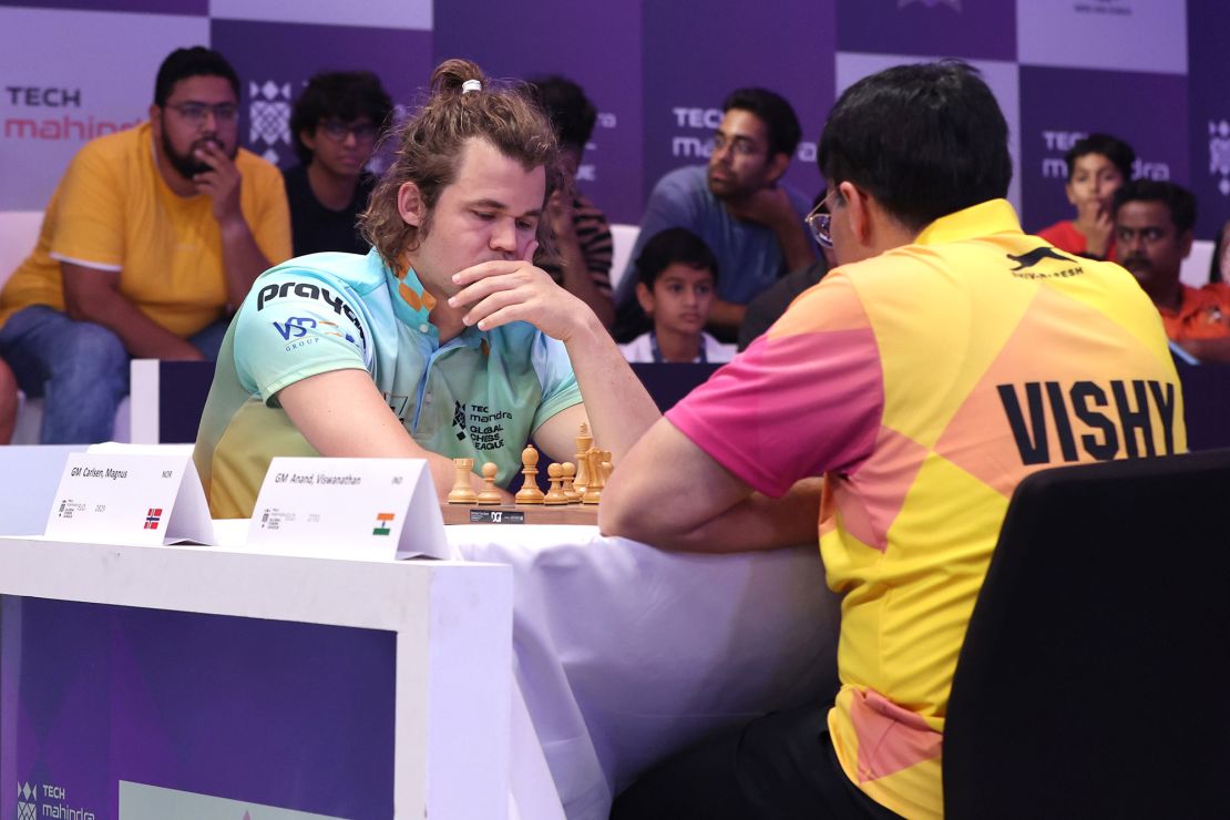 Mandatory Credit: Photo by ALI HAIDER/EPA-EFE/Shutterstock (13981415z)Norwegian Magnus Carlsen (L) of SG Alpine Warriors plays against Indian Anand Viswanathan of Ganges Grandmasters during their match at the Global Chess League event in Dubai, United Arab Emirates, 23 June 2023.The Global Chess League in Dubai, United Arab Emirates - 23 Jun 2023