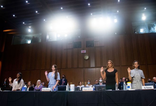 From left, Biles, McKayla Maroney, Maggie Nichols and Aly Raisman are sworn in to testify before the Senate Judiciary Committee in September 2021. They <a href="index.php?page=&url=https%3A%2F%2Fwww.cnn.com%2F2021%2F09%2F15%2Fpolitics%2Fgymnasts-senate-judiciary-committee-larry-nassar-hearing%2Findex.html" target="_blank">sharply criticized</a> how FBI agents handled the sexual abuse allegations against Larry Nassar, the former USA Gymnastics team doctor now serving a long prison sentence.