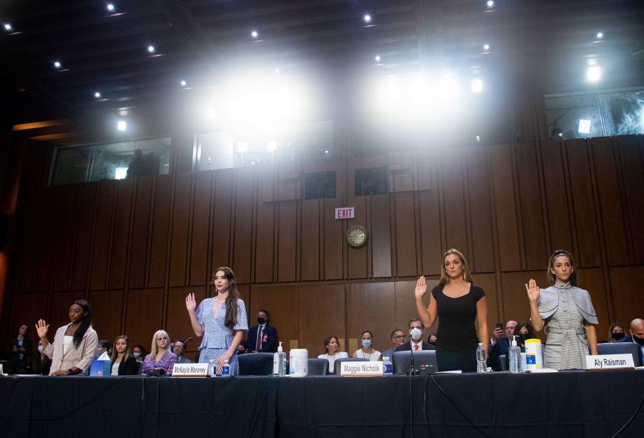 From left, Biles, McKayla Maroney, Maggie Nichols and Aly Raisman are sworn in to testify before the Senate Judiciary Committee in September 2021. They <a href="https://www.cnn.com/2021/09/15/politics/gymnasts-senate-judiciary-committee-larry-nassar-hearing/index.html" target="_blank">sharply criticized</a> how FBI agents handled the sexual abuse allegations against Larry Nassar, the former USA Gymnastics team doctor now serving a long prison sentence.