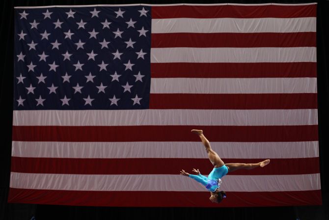 Biles competes on the balance beam during the US National Gymnastics Championships in August 2013. She won gold in the individual all-around.