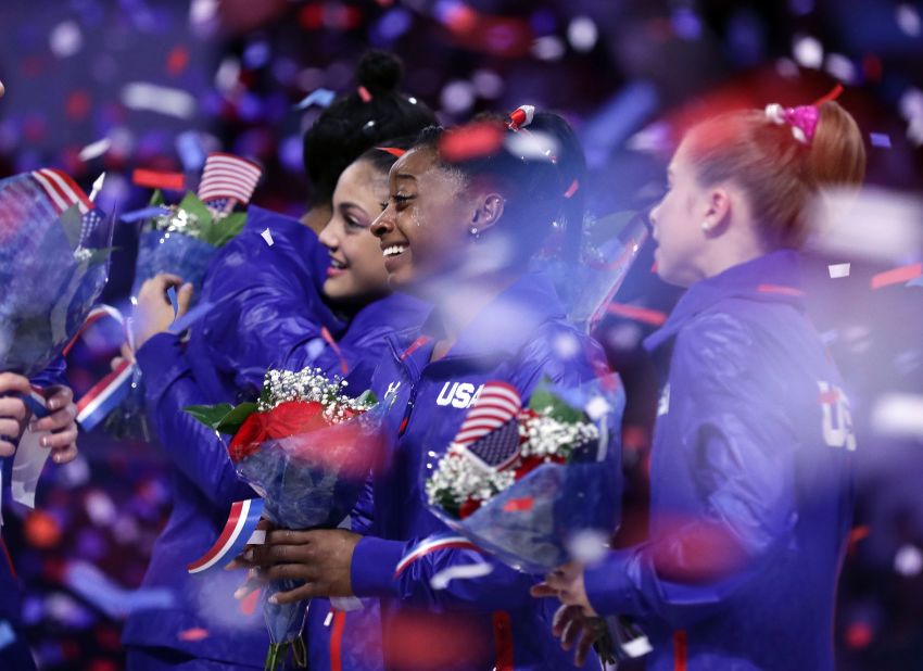 Biles celebrates with her teammates after the US Olympic Trials in 2016.