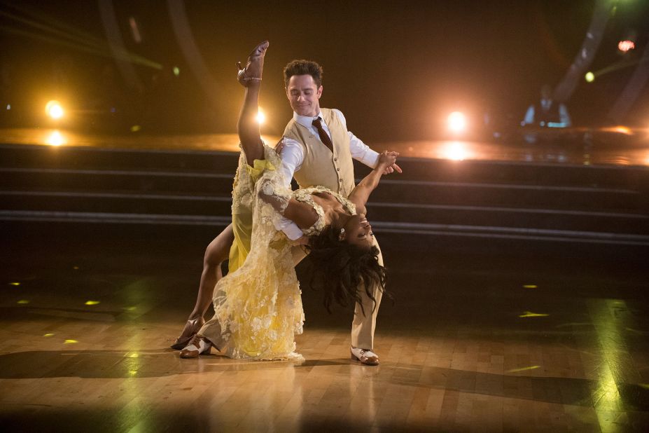 Biles competes in "Dancing with the Stars" with Sasha Farber in 2017. They would finish in fourth place.