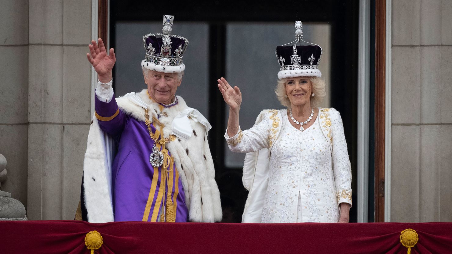 King Charles III and Queen Camilla are seen on the Buckingham Palace balcony on May 06, 2023 in London, England.
