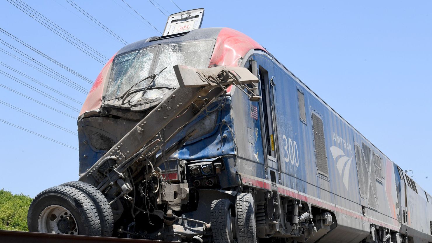 An Amtrak train partially derailed after striking a vehicle on the tracks in Moorpark, California, on June 28, 2023, authorities said.