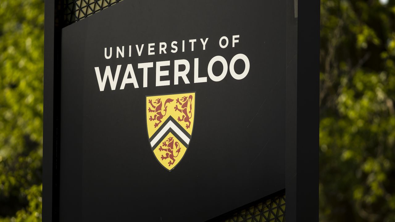 A University of Waterloo sign stands in Waterloo, Ontario, on Wednesday.