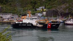 A U.S. Coast Guard ship arrives in the harbor of St. John's, Newfoundland, on Wednesday, June 28, 2023, following the arrival of the ship Horizon Arctic carrying debris from the Titan submersible. The submersible owned by OceanGate Expeditions imploded on its way to the wreck of the Titanic. 