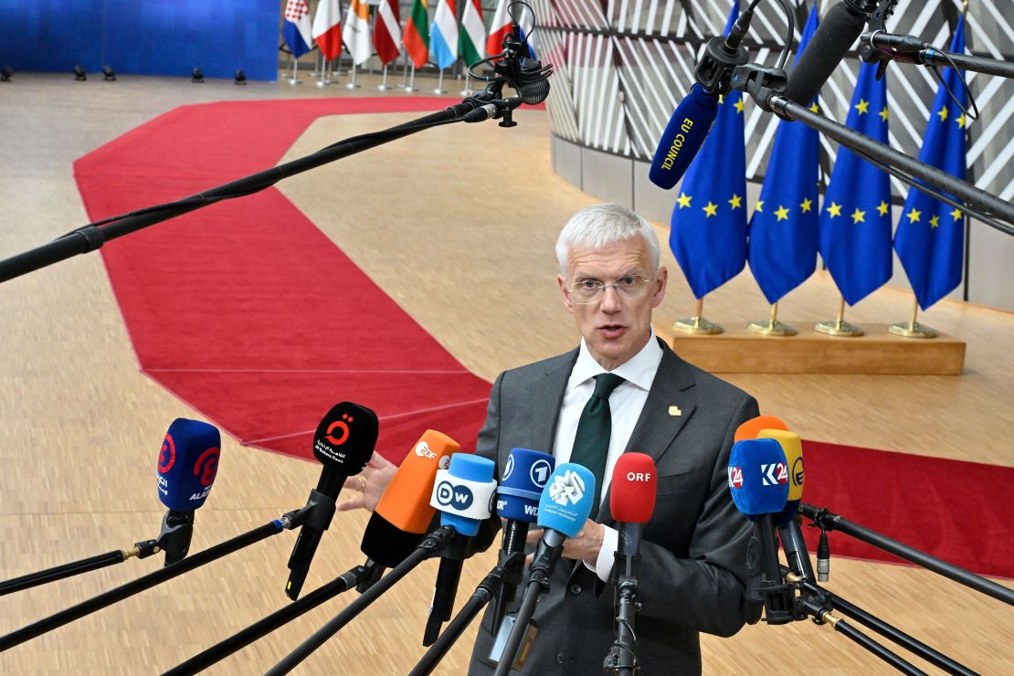 Latvia's Prime Minister Arturs Kri?jānis Kari?? talks to media at the European Council summit in Brussels on June 29, 2023.