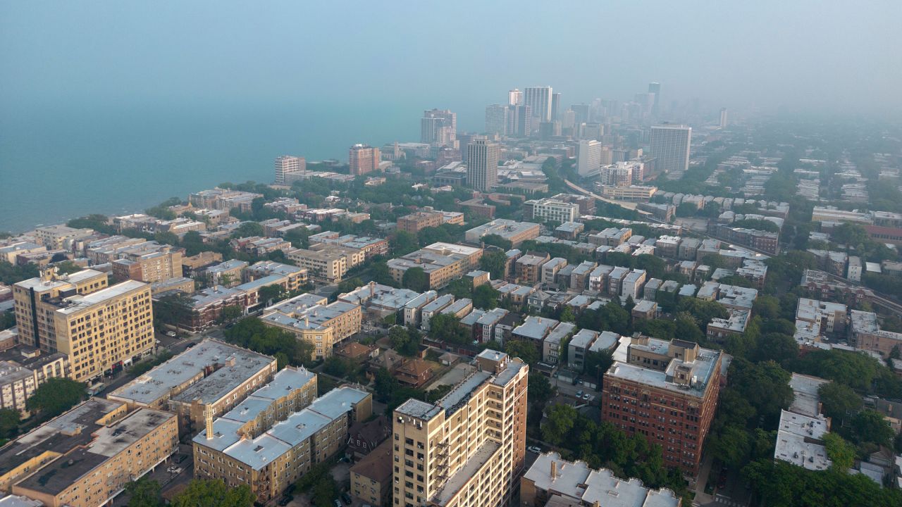 Haze obscures buildings along the Lake Michigan shoreline in Chicago on Wednesday.