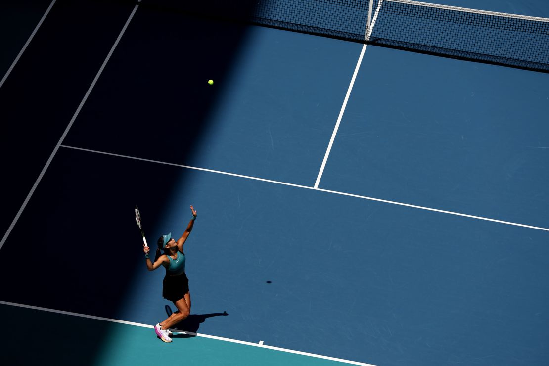 MIAMI GARDENS, FLORIDA - MARCH 22: Emma Raducanu of Great Britain serves against Bianca Andreescu of Canada in their first round match during the Miami Open at Hard Rock Stadium  on March 22, 2023 in Miami Gardens, Florida. (Photo by Clive Brunskill/Getty Images)