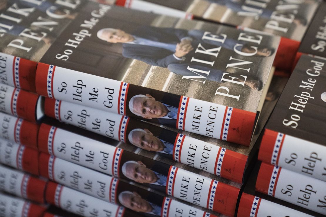 Copies of Pence's memoir "So Help Me God" are seen during an event at the Richard Nixon Presidential Library & Museum in Yorba Linda, California, on April 19, 2023. 