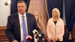 Kansas Attorney General Kris Kobach speaks during a news conference during which he declares that a new state law prevents transgender people from changing their birth certificates and driver's licenses to reflect their gender identities, Monday, June 26, 2023, at the Statehouse in Topeka, Kans. The state saw an increase of more than 300% this year in the number of people seeking to change the gender markers on those documents. (AP Photo/John Hanna)