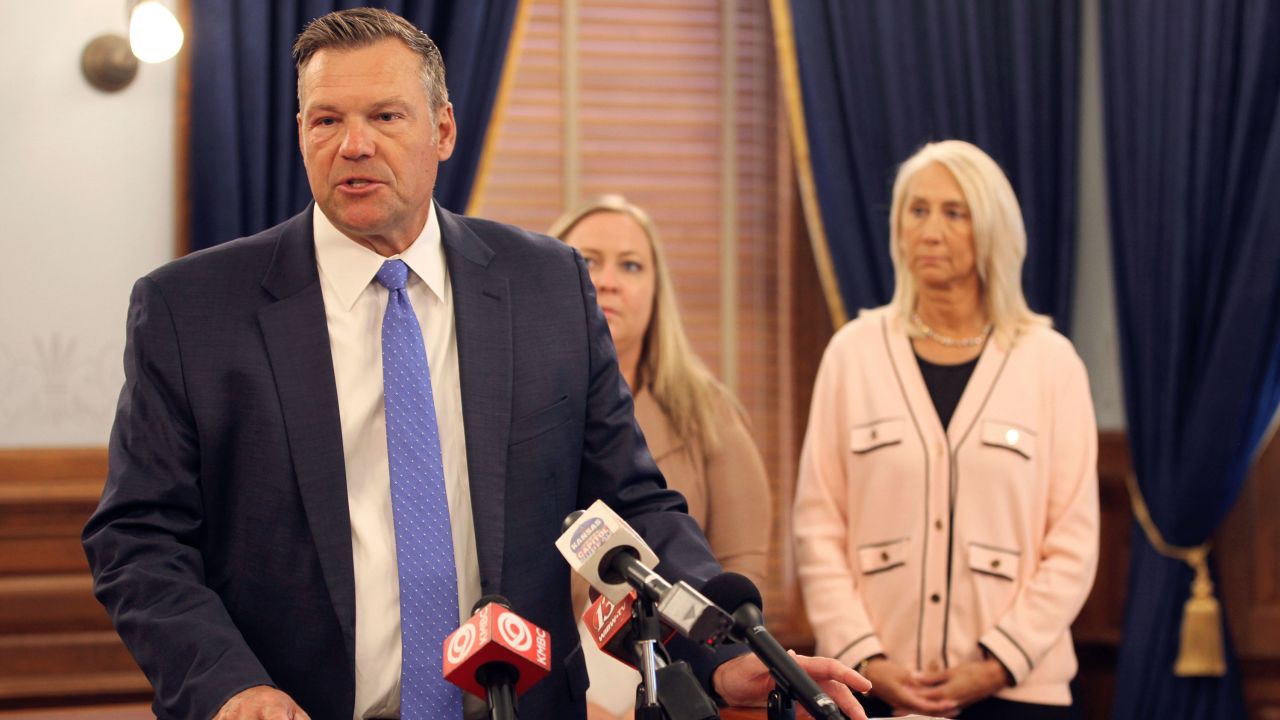 Kansas GOP Attorney General Kris Kobach speaks Monday about the new law. 
