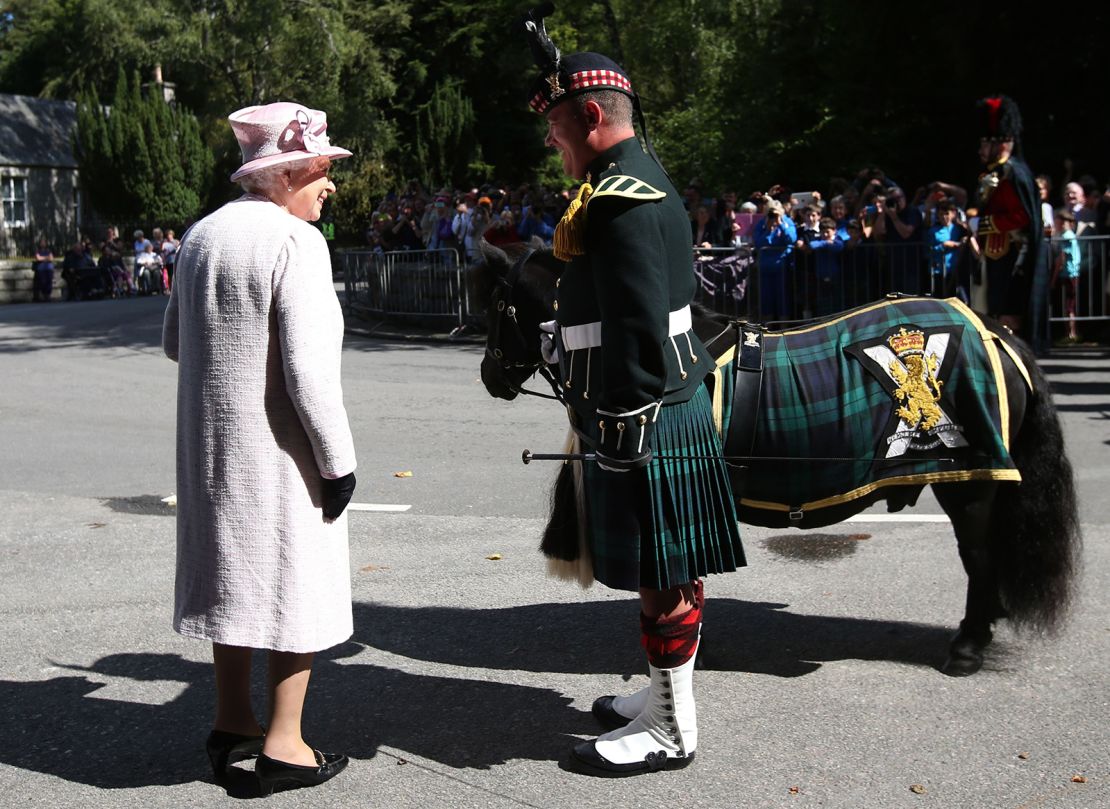 The Queen with pony mascot Corporal Cruachan IV, on a visit to Scotland in 2014