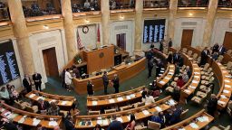 Arkansas lawmakers gather in the House of Representatives chamber at the state Capitol in Little Rock, Arkansas, in January.