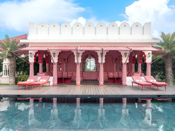 <strong>Water world: </strong>One example of the India-Italy mix is on display here, where a Mughal-style pool is surrounded by Italian-style sun loungers and umbrellas.
