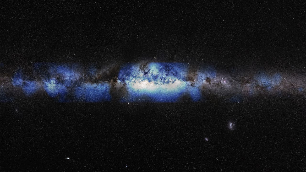 An artist's composition of the Milky Way seen through a neutrino lens (blue).