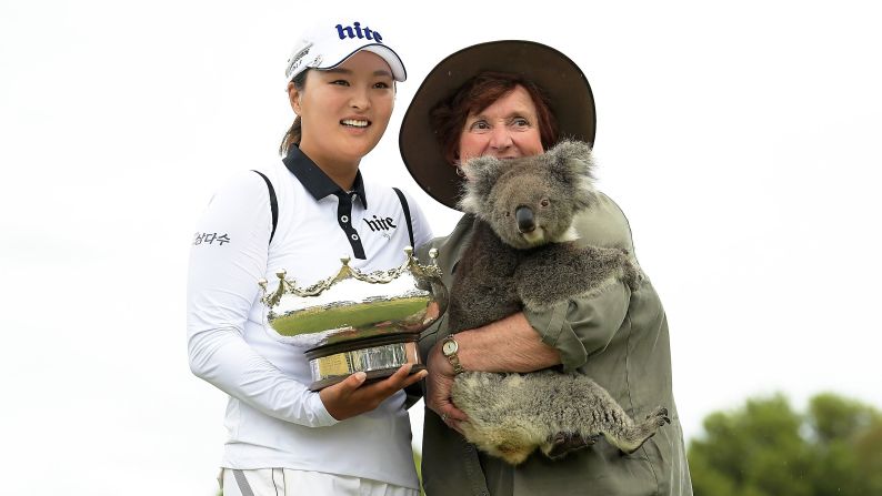 South Korean star Ko Jin-Young continues the champion's tradition of posing with a koala after winning the Women's Australian Open at Kooyonga Golf Club in Adelaide, 2018.