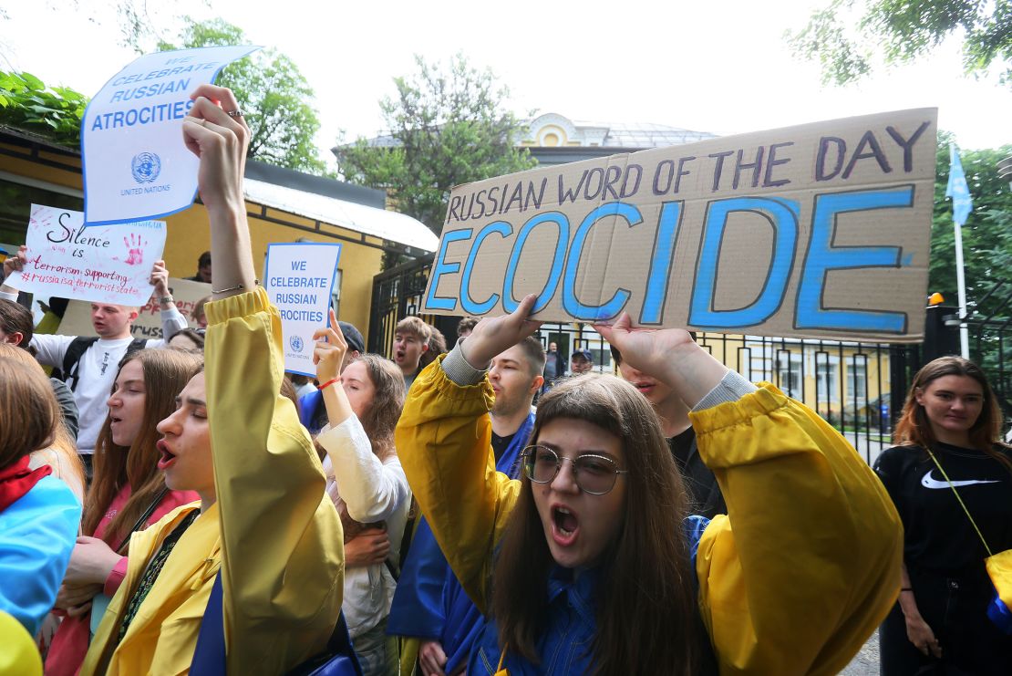 Ukrainian students at a protest in Kyiv on 8 June 2023, amid Russia's invasion of Ukraine. 