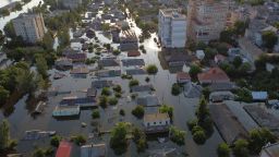KHERSON, UKRAINE - JUNE 8: In an aerial view, residential districts in the flooded area of the city on June 8, 2023 in Kherson, Ukraine. 