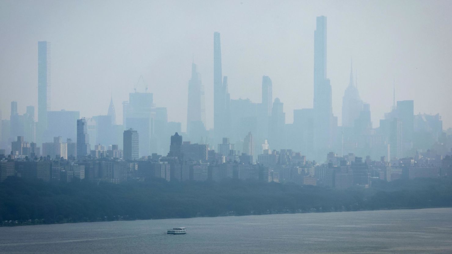 Haze and smoke from Canada's wildfires shroud the Manhattan skyline Thursday in New York.