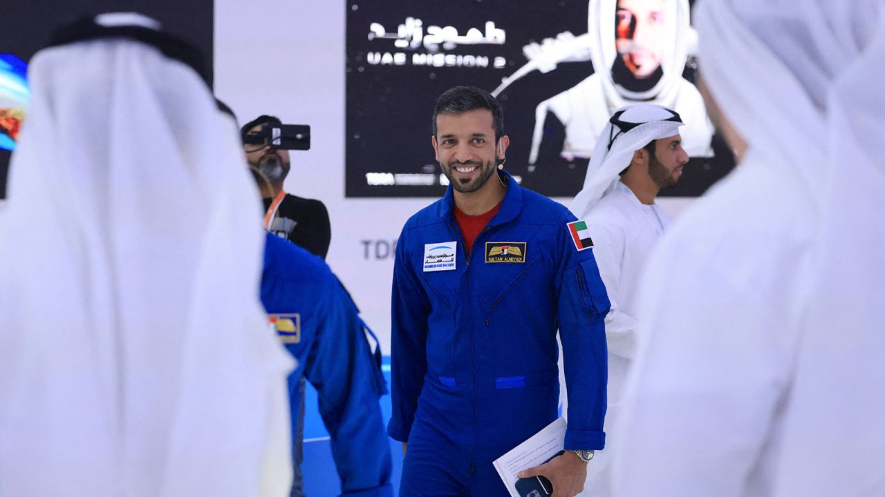 UAE astronaut Sultan AlNeyadi arrives to give a press conference at the Museum of the Future in the Gulf emirate of Dubai, on February 2, 2023. - AlNeyadi, 41, dubbed the "Sultan of Space" by his alma mater, will blast off on February 26 for the International Space Station (ISS) aboard a SpaceX Falcon 9 rocket. During his six months in orbit, a record time for any Arab astronaut, AlNeyadi said he would like to observe the holy month of Ramadan, when Muslims typically fast from dawn to sunset (Photo by Karim SAHIB / AFP) (Photo by KARIM SAHIB/AFP via Getty Images)