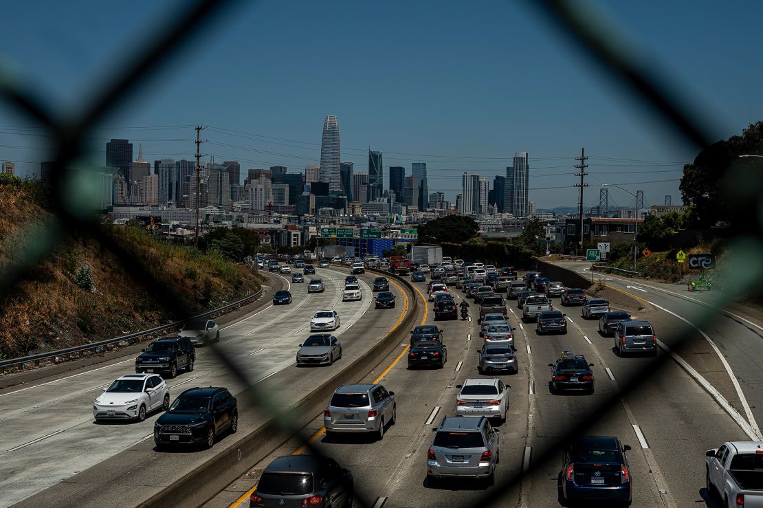 Traffic on highway 101 in San Francisco, California, US, on Thursday, June 29, 2023. More than 43 million motorists will drive 50 miles or more from their homes this Independence Day weekend, according to a forecast from AAA.