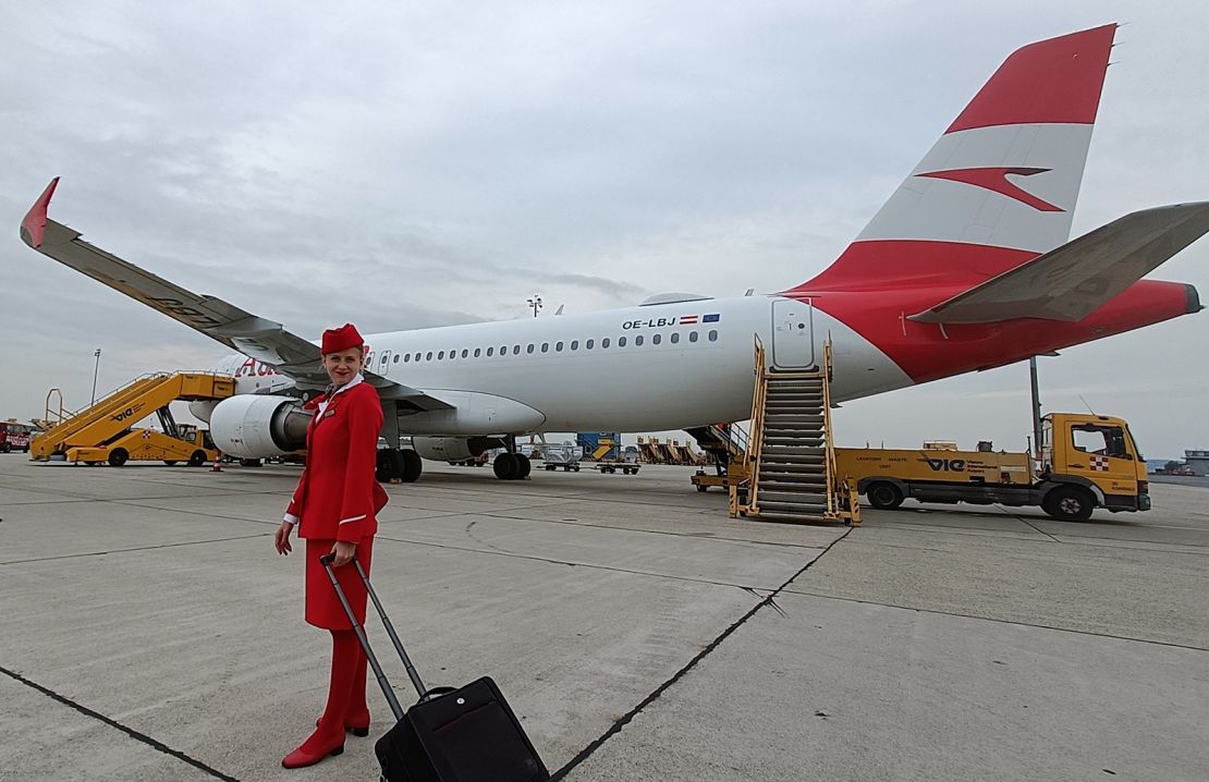 Fila recreated the childhood photograph as a newly qualified Austrian Airlines flight attendant.