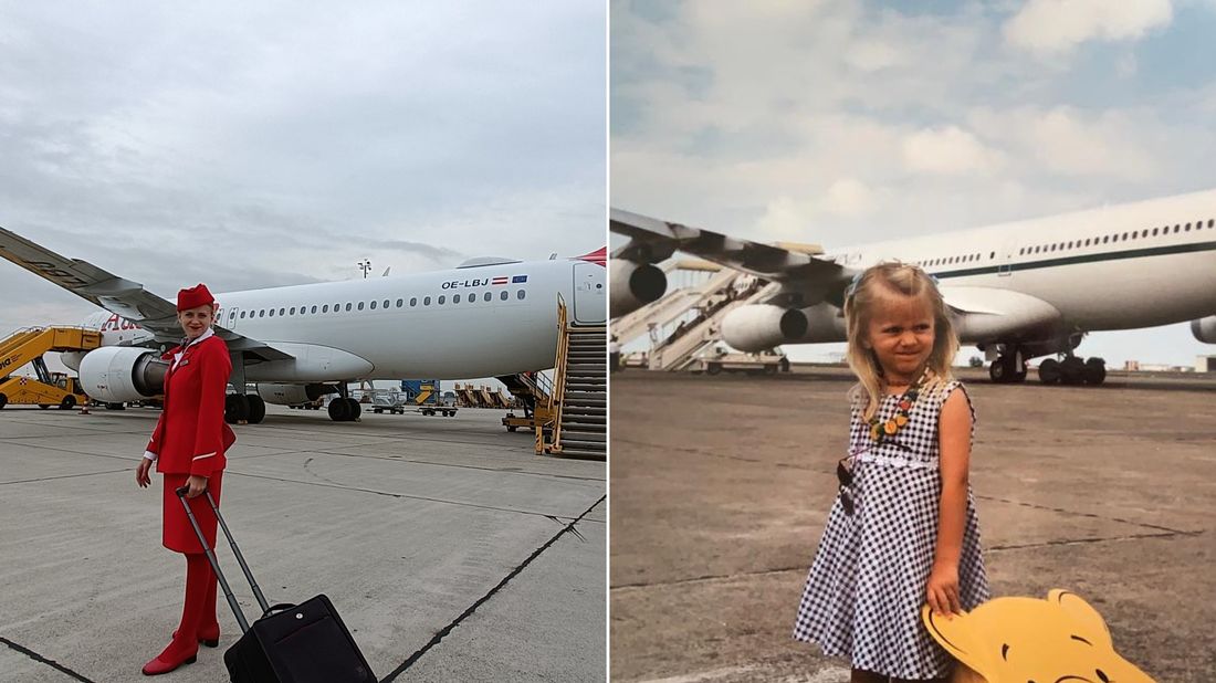 Flight attendant Gloria Fila recently recreated a childhood photograph of herself posing in front of an aircraft with a suitcase.
