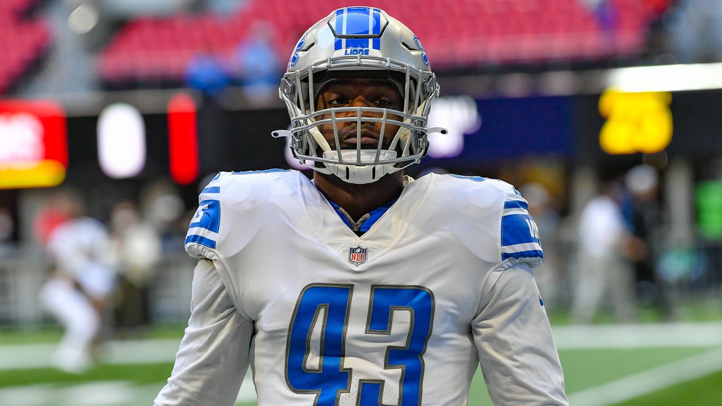 ATLANTA, GA  DECEMBER 26:  Detroit linebacker Rashod Berry (43) warms up prior to the start of the NFL game between the Detroit Lions and the Atlanta Falcons on December 26th, 2021 at Mercedes-Benz Stadium in Atlanta, GA.  (Photo by Rich von Biberstein/Icon Sportswire via Getty Images)
