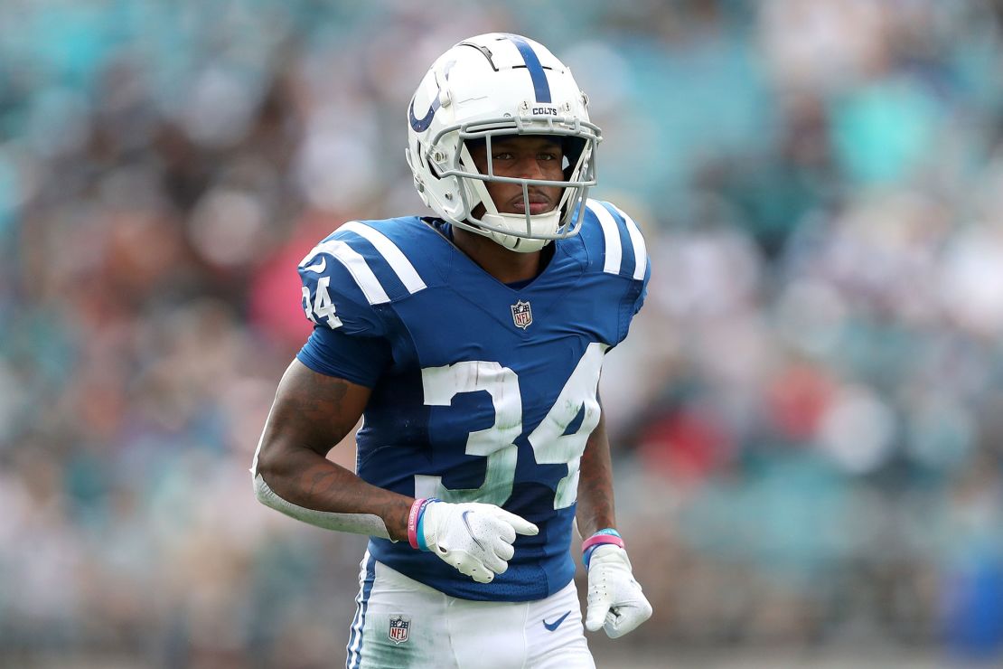 JACKSONVILLE, FLORIDA - SEPTEMBER 18: Isaiah Rodgers #34 of the Indianapolis Colts in action during the first half against the Jacksonville Jaguars at TIAA Bank Field on September 18, 2022 in Jacksonville, Florida. (Photo by Courtney Culbreath/Getty Images)