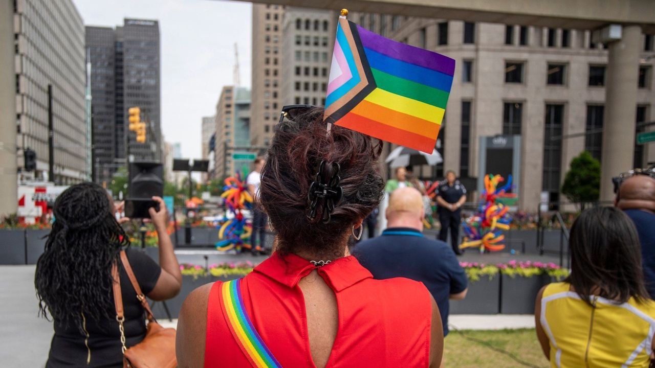 Detroit officials and residents gathered for the annual pride flag raising in Spirit Plaza on Wednesday, June 1, 2022. 