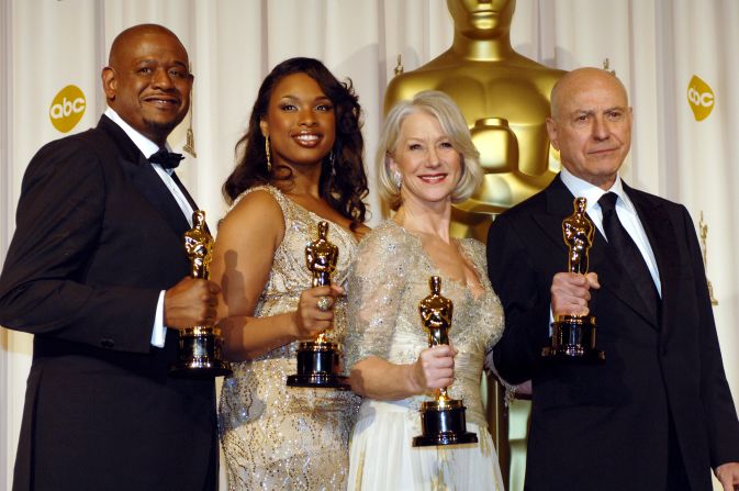 From left, actors Forest Whitaker, Jennifer Hudson, Helen Mirren and Arkin hold their Oscars in 2007.
